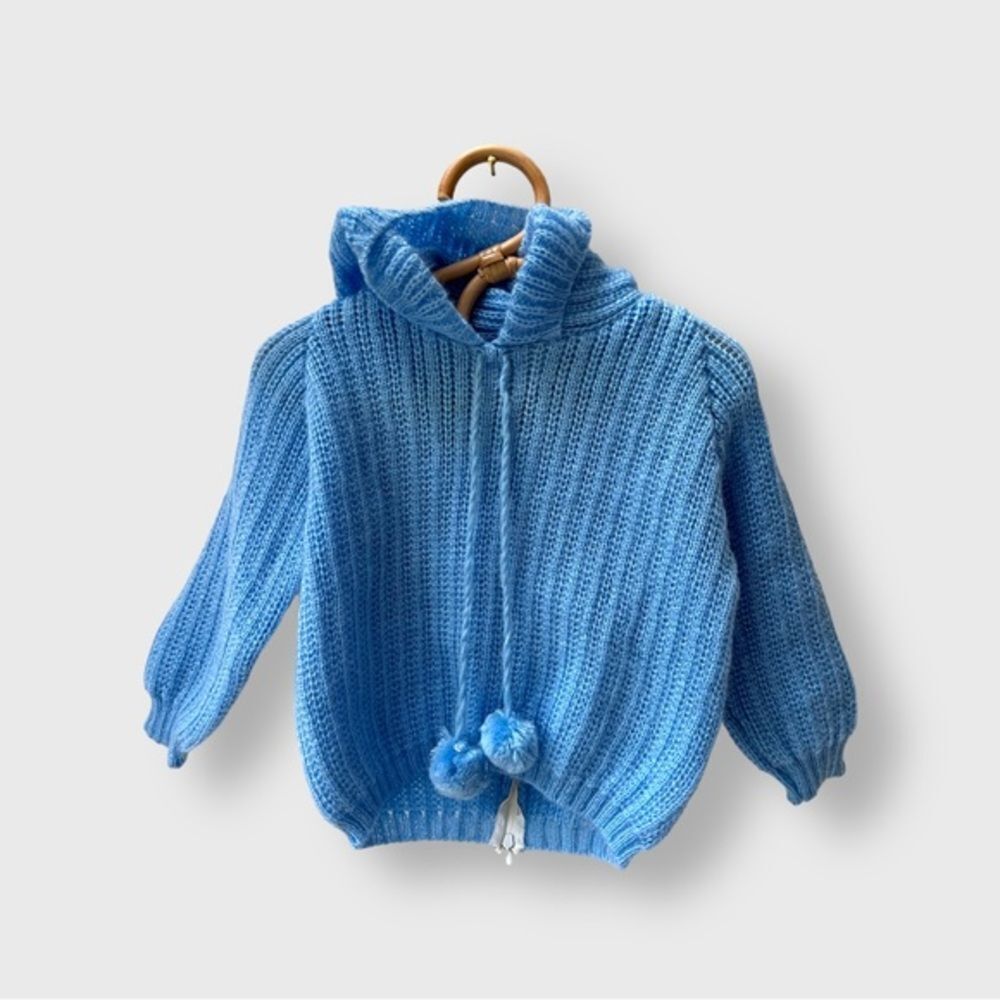 Vintage baby Sweater Saks Fifth Avenue knit hoodie Pom Pom tie blue 12M